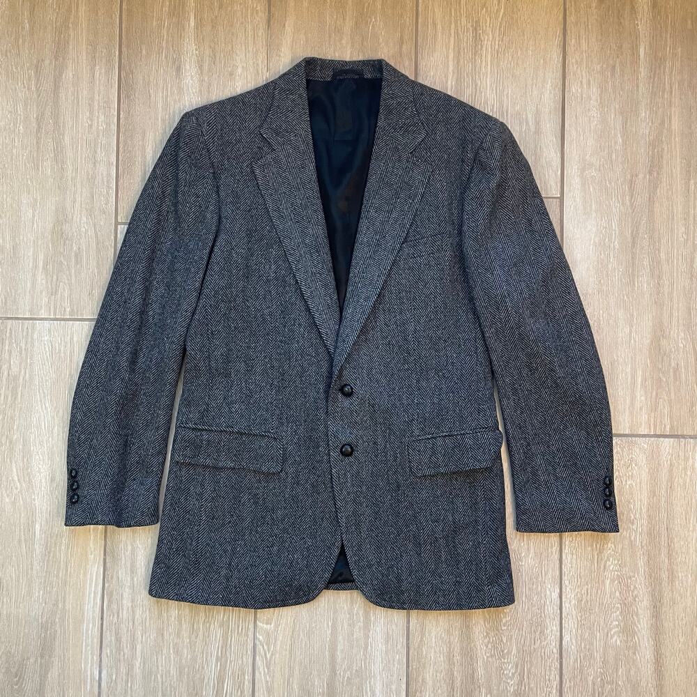 Vintage Towncraft Sport Coat Mens Gray Herringbone Wool Blazer Retro Tailored